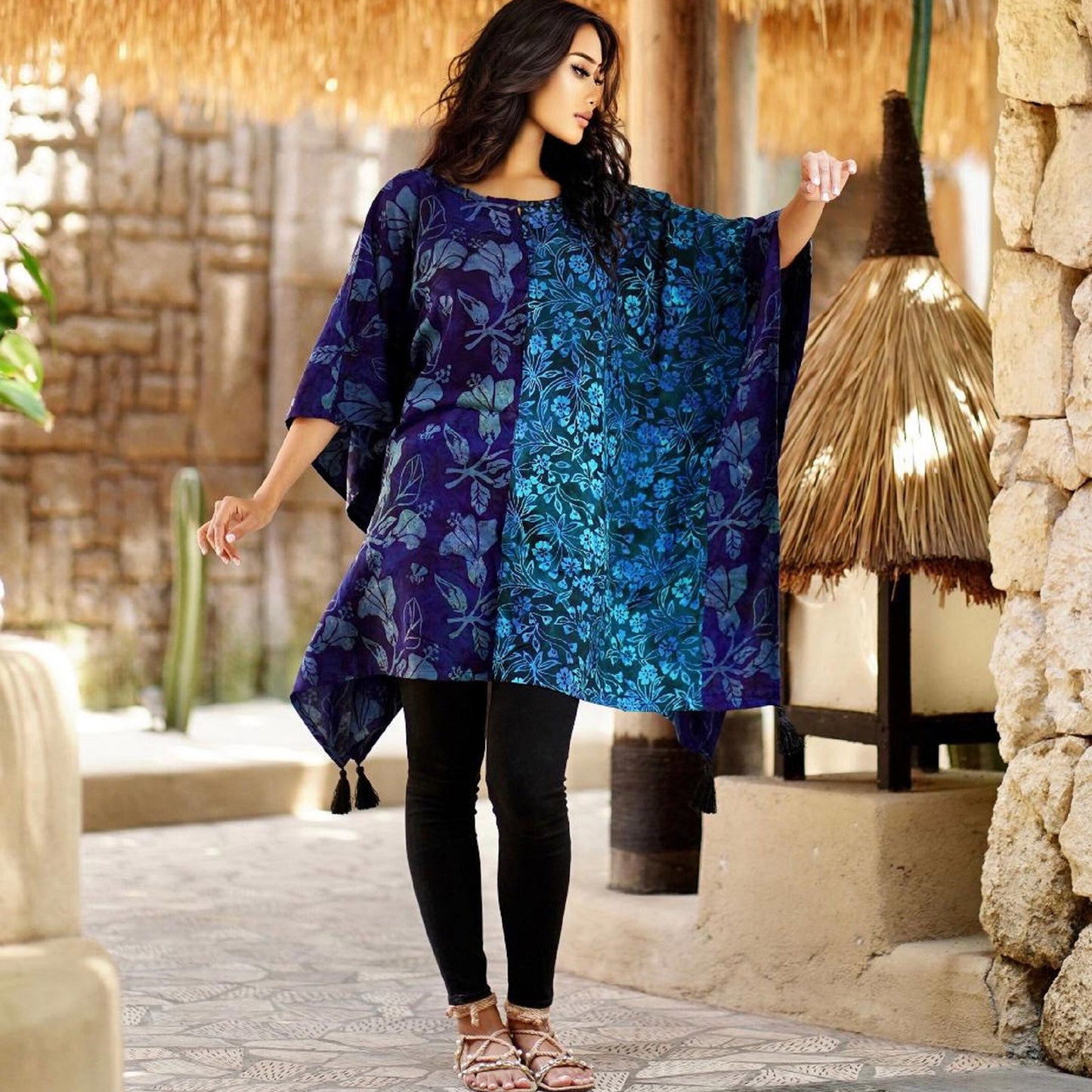 Ayleen Batik Combo Tassels Bohemian Poncho Top - The Bohemian Closet