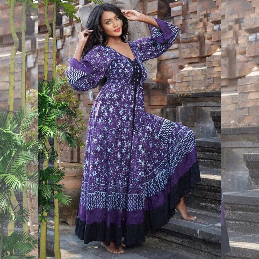 Eva Batik Empire Line Laced Bodice Long Sleeve Dress - The Bohemian Closet