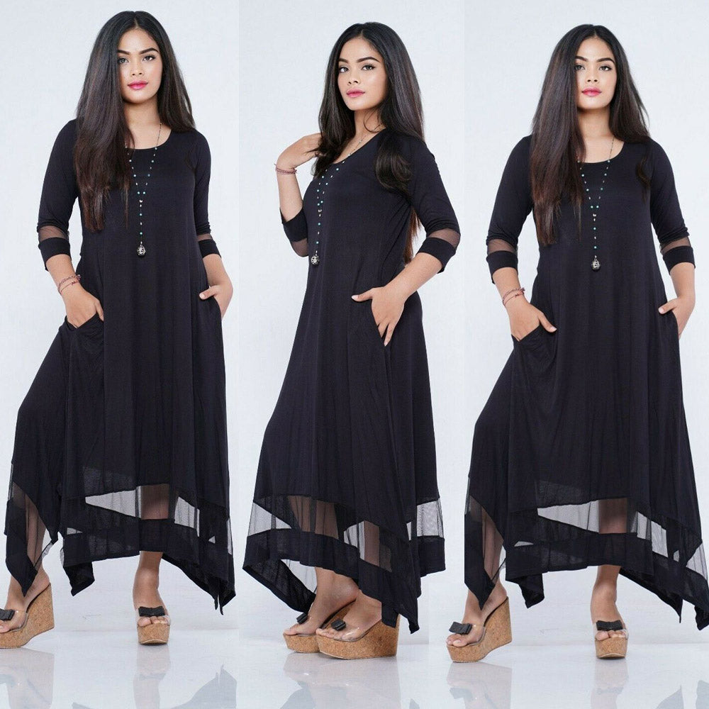 London Scoop Neckline Asymmetrical Stretch Jersey Style Maxi Dress - The Bohemian Closet