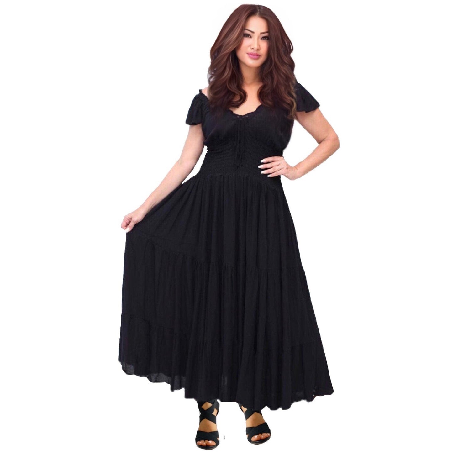Liliana Rayon Crinkle Smocked Tiers Bohemian Maxi Dress - The Bohemian Closet