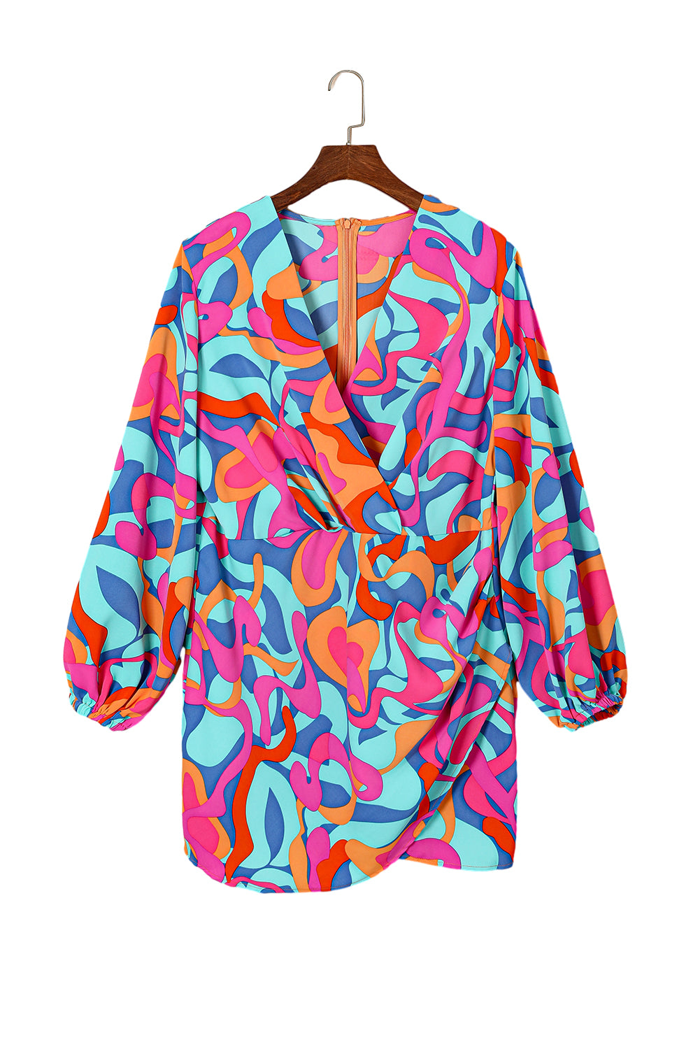 Multicolor Plus Size Abstract Print Pleated Surplice Long Sleeve Dress