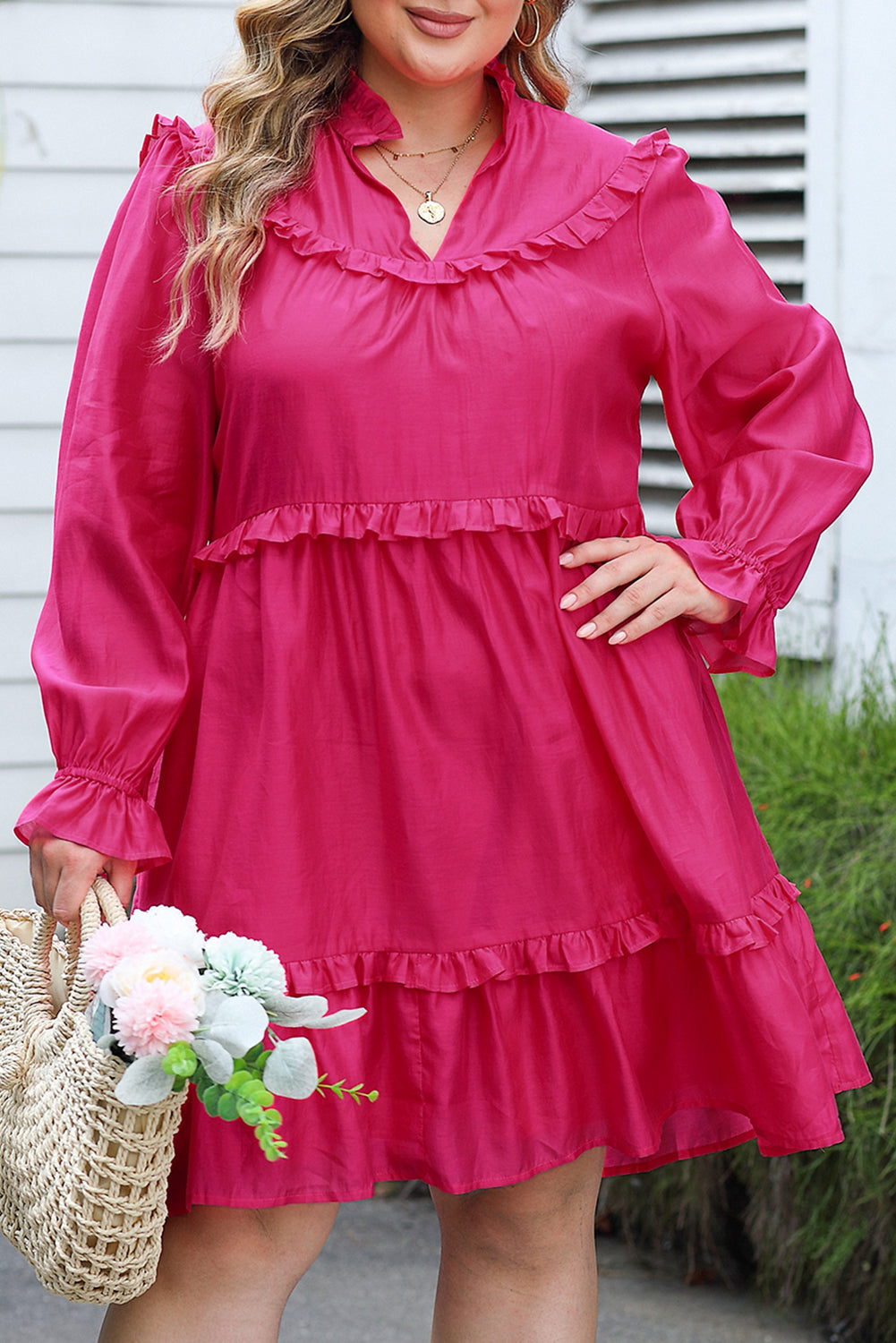 Rose Plus Size Ruffled Bubble Sleeve Dress