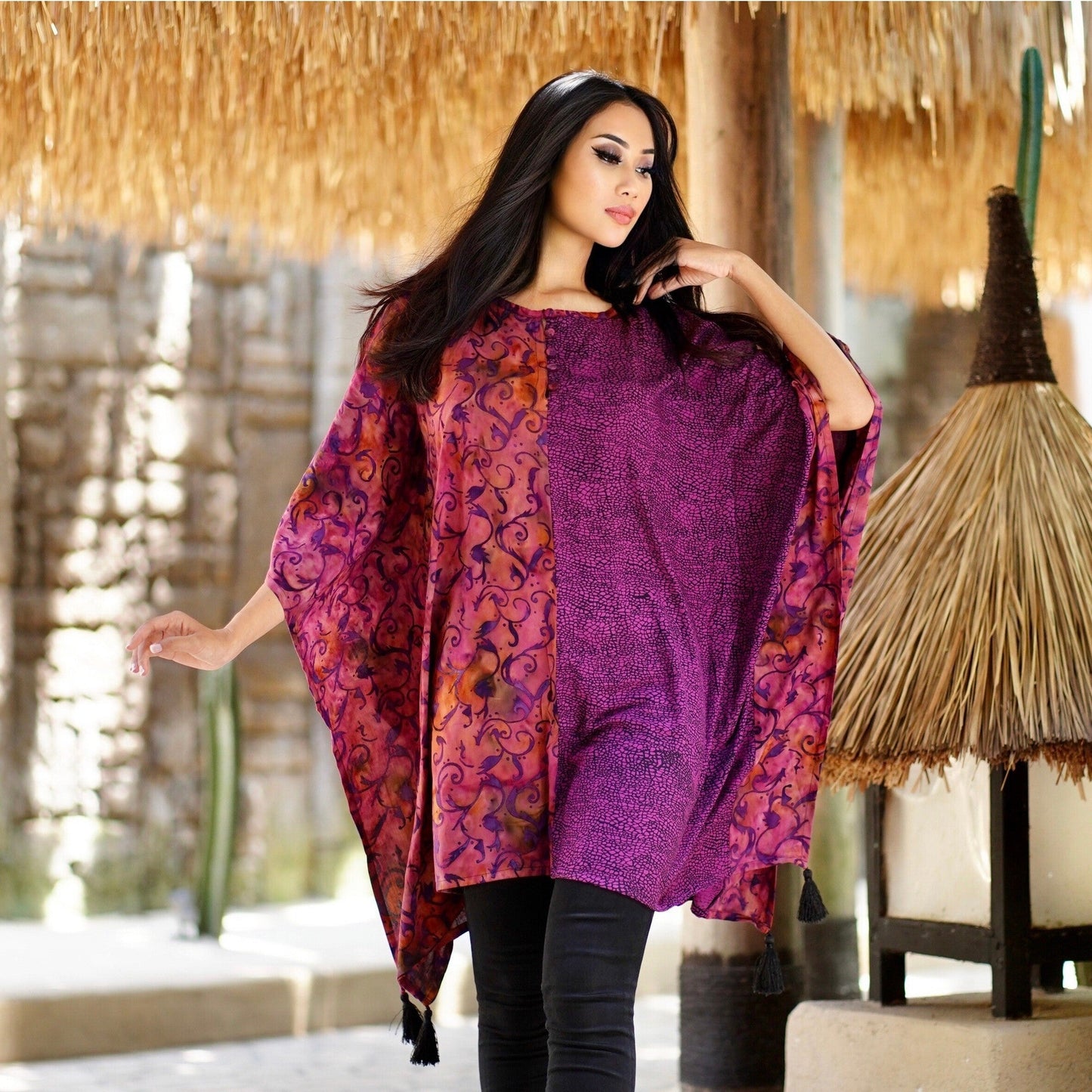 Ayleen Batik Combo Tassels Bohemian Poncho Top - The Bohemian Closet