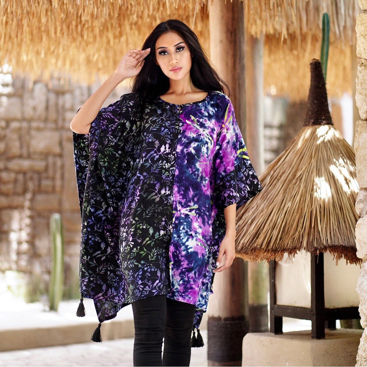 Ayleen Batik Combo Tassels Bohemian Poncho Top - The Bohemian Closet