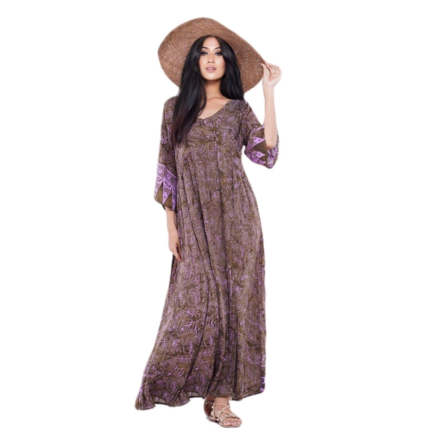 Mariana Baby Doll Maxi Dress Bali Batik Cottagecore Empire Bust Gathers - The Bohemian Closet
