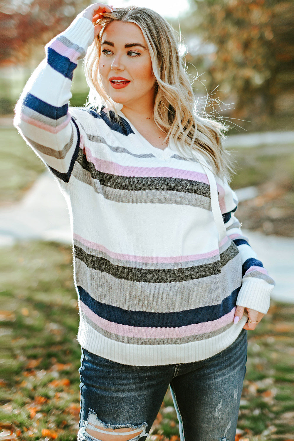 Bria Stripe Plus Size Striped Hooded Knit Sweater - The Bohemian Closet