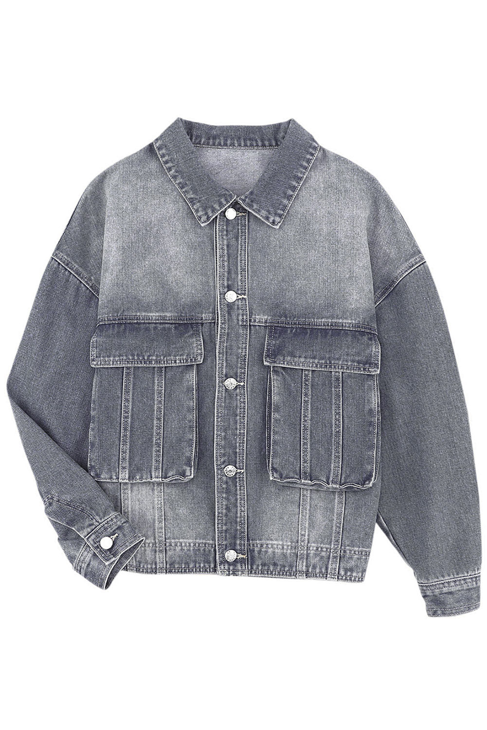 Gray Chest Pockets Drop Shoulder Loose Denim Jacket