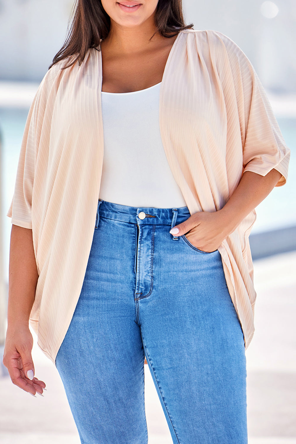 Apricot Shimmer Ribbed Texture Plus Size Cardigan