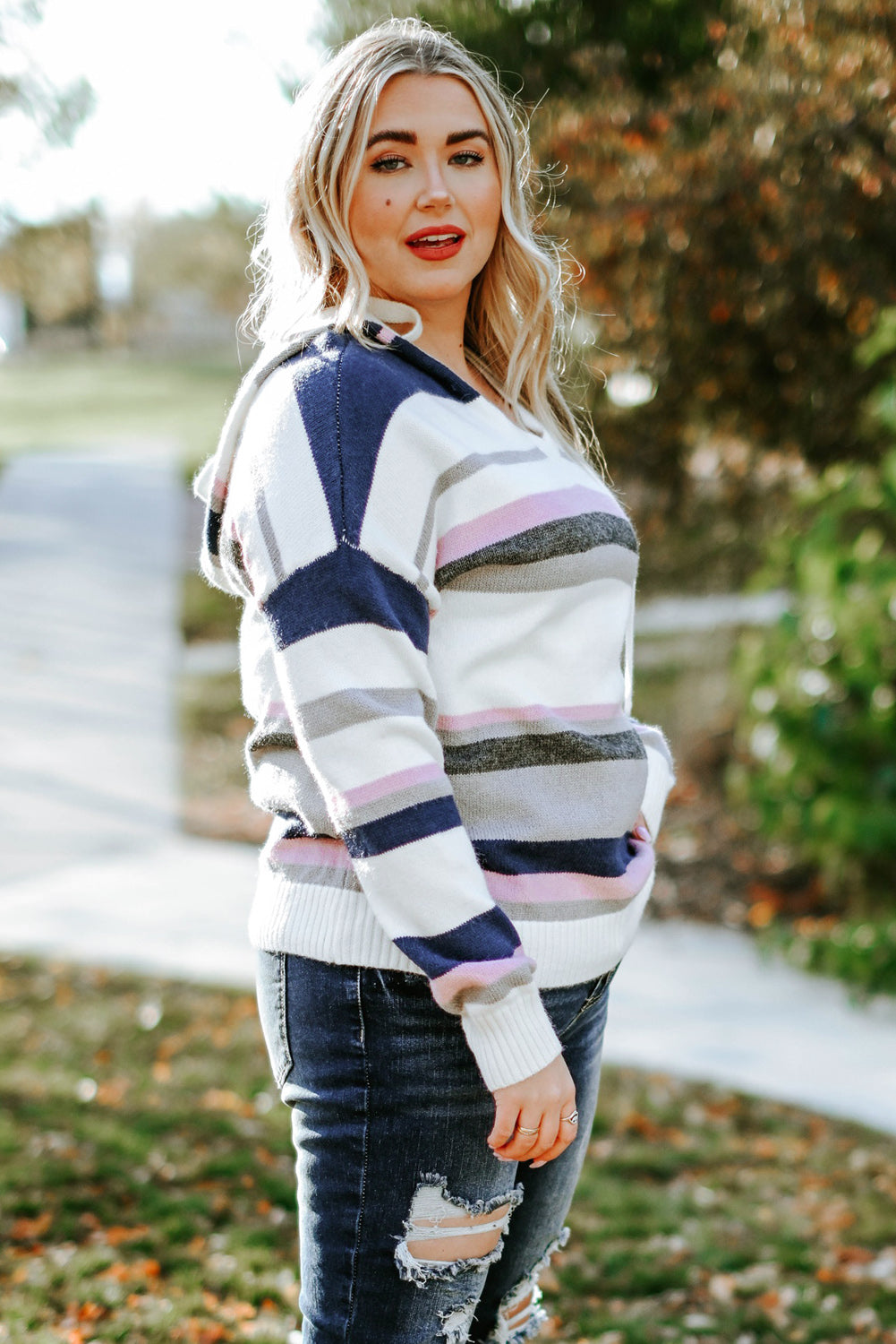 Bria Stripe Plus Size Striped Hooded Knit Sweater - The Bohemian Closet