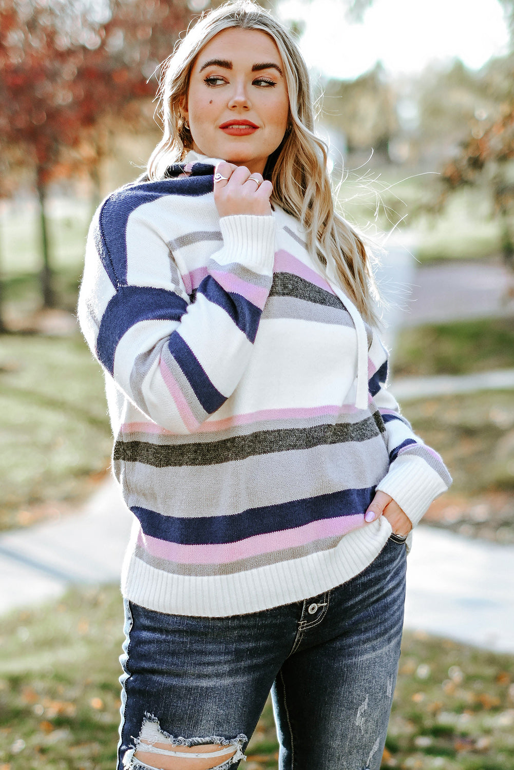 Bria Stripe Plus Size Striped Hooded Knit Sweater - The Bohemian Closet