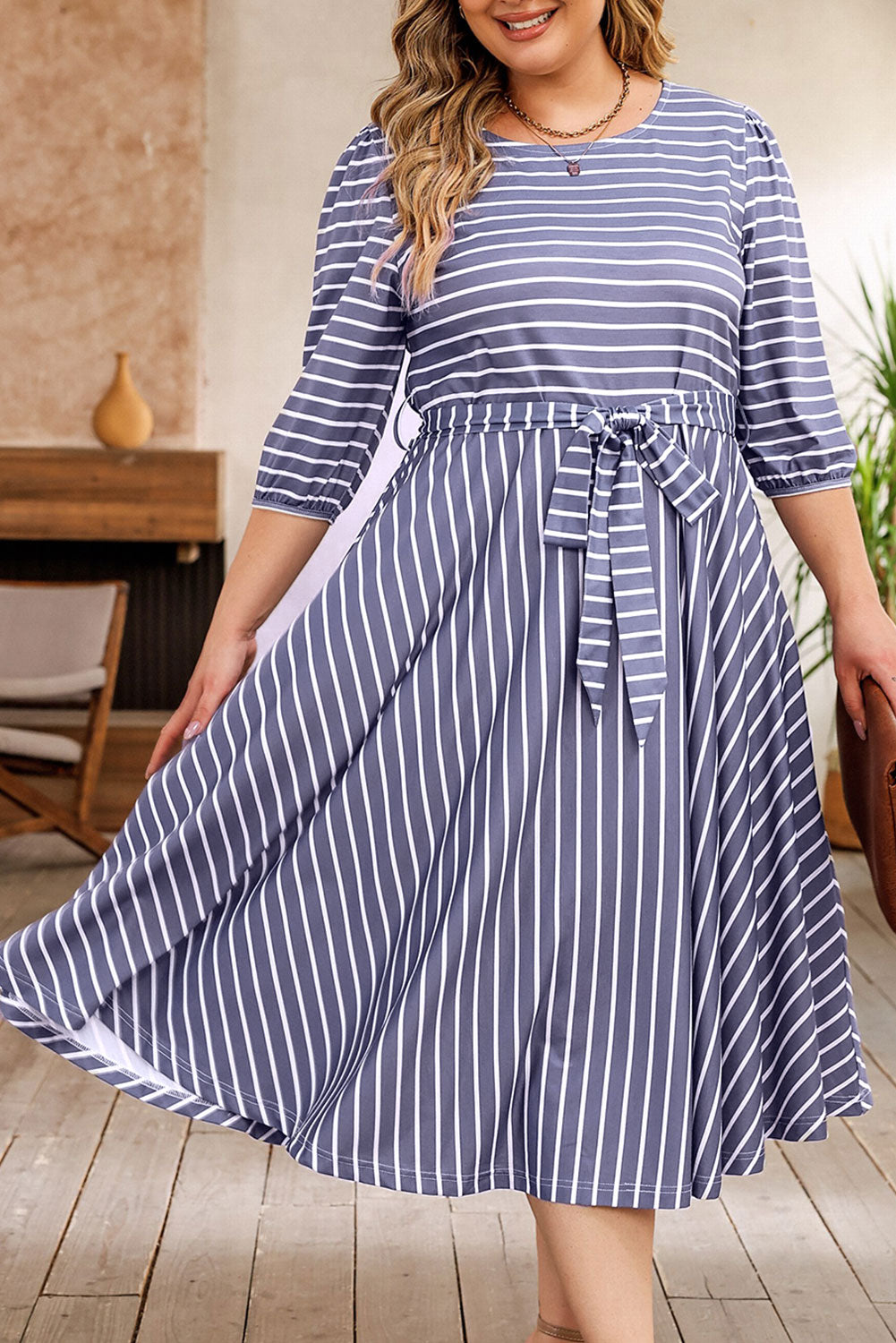 Gray Striped Tie Waist 3/4 Sleeve Plus Size Dress