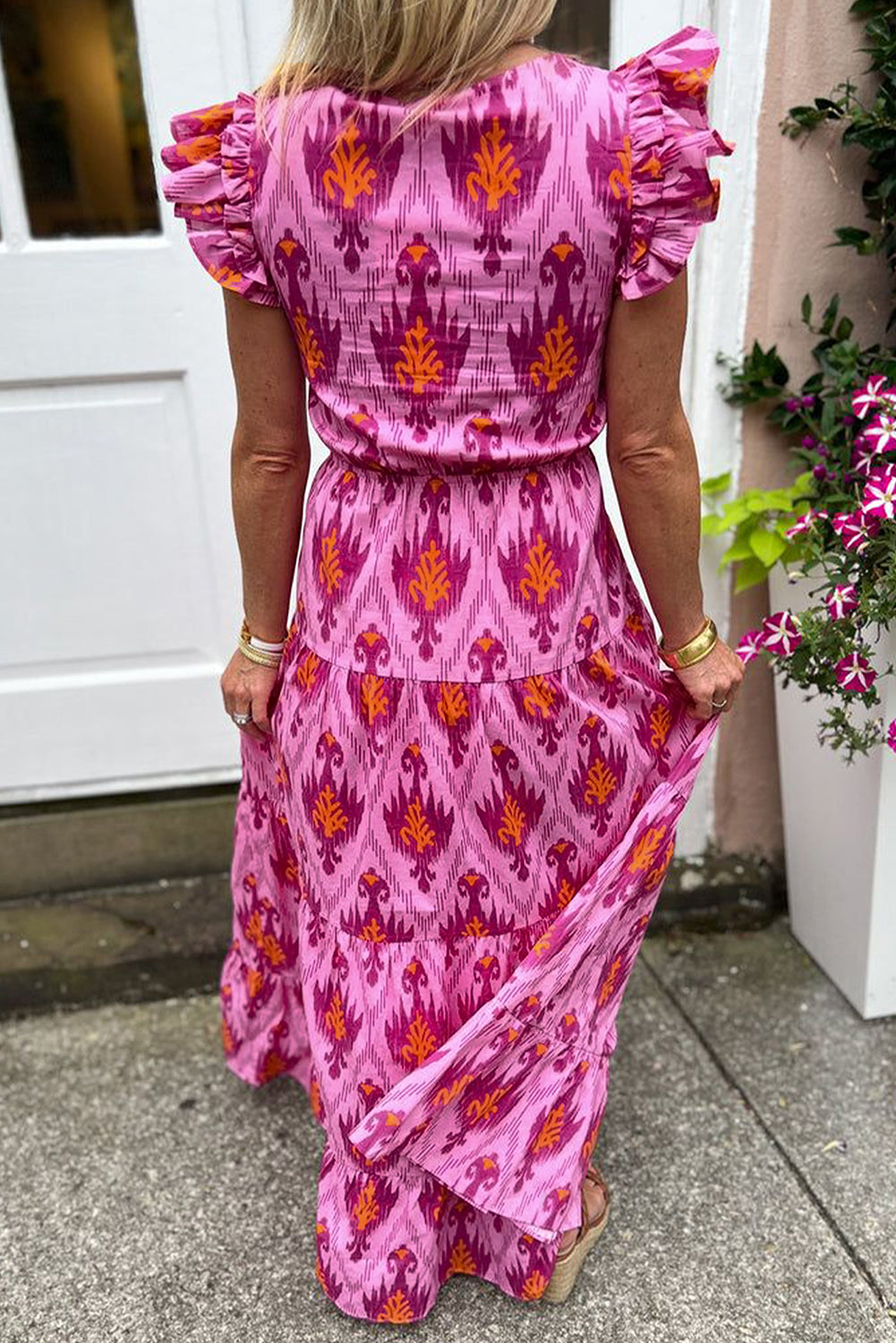 Bonbon Retro Print Twisted Front Ruffled Sleeve Maxi Dress