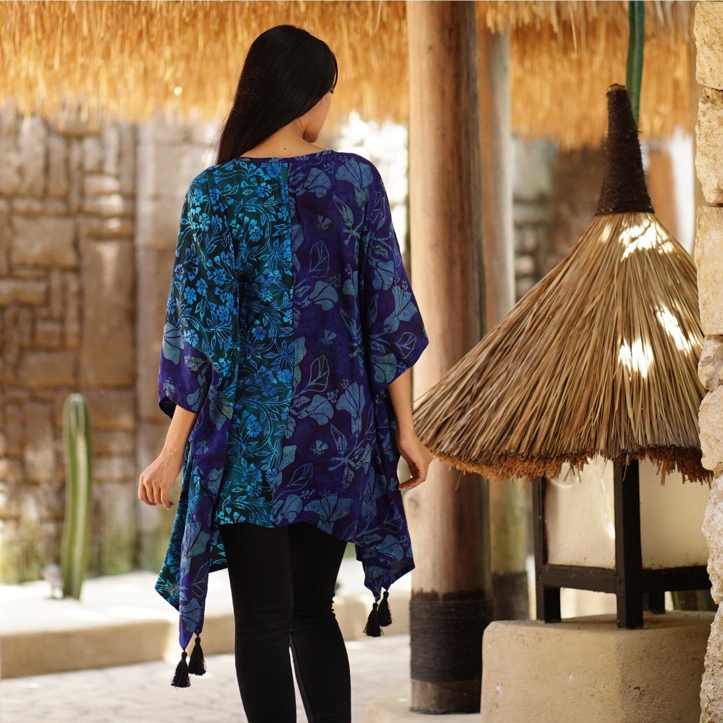 Ayleen Batik Combo Tassels Bohemian Poncho Top - The Bohemian Closet