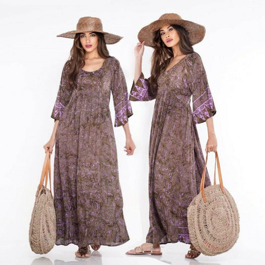 Mariana Baby Doll Maxi Dress Bali Batik Cottagecore Empire Bust Gathers - The Bohemian Closet