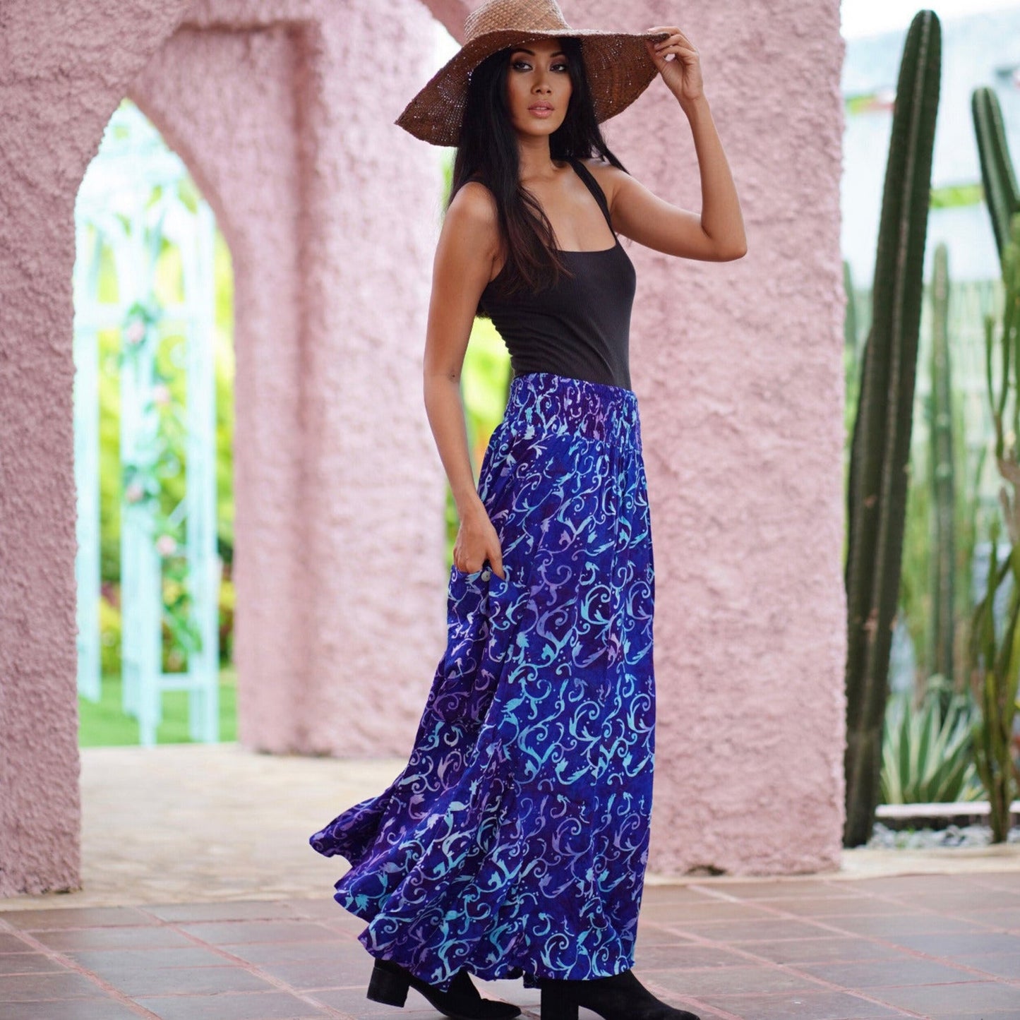 Maria Bohemian Maxi Skirt Ruffle Pockets Bali Batik Vacation - The Bohemian Closet