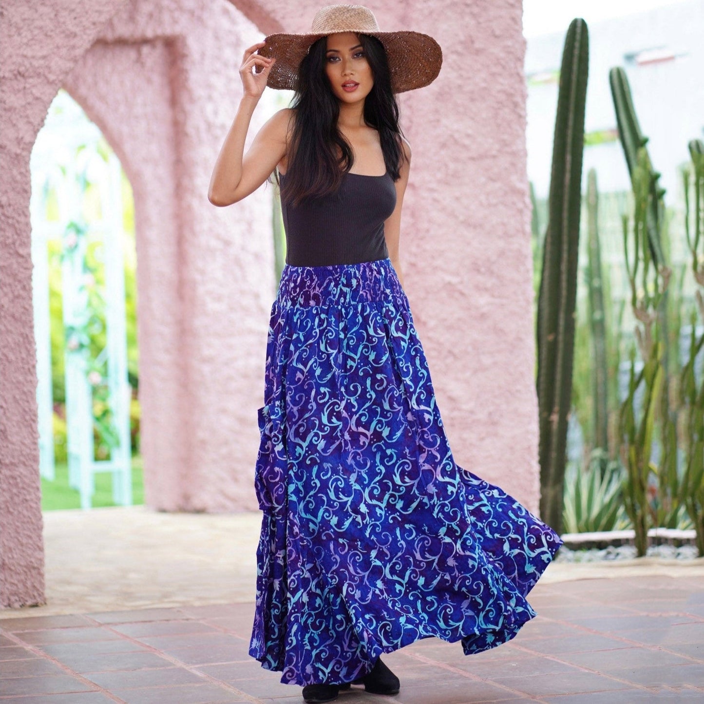 Maria Bohemian Ruffle Pockets Batik Maxi Skirt - The Bohemian Closet