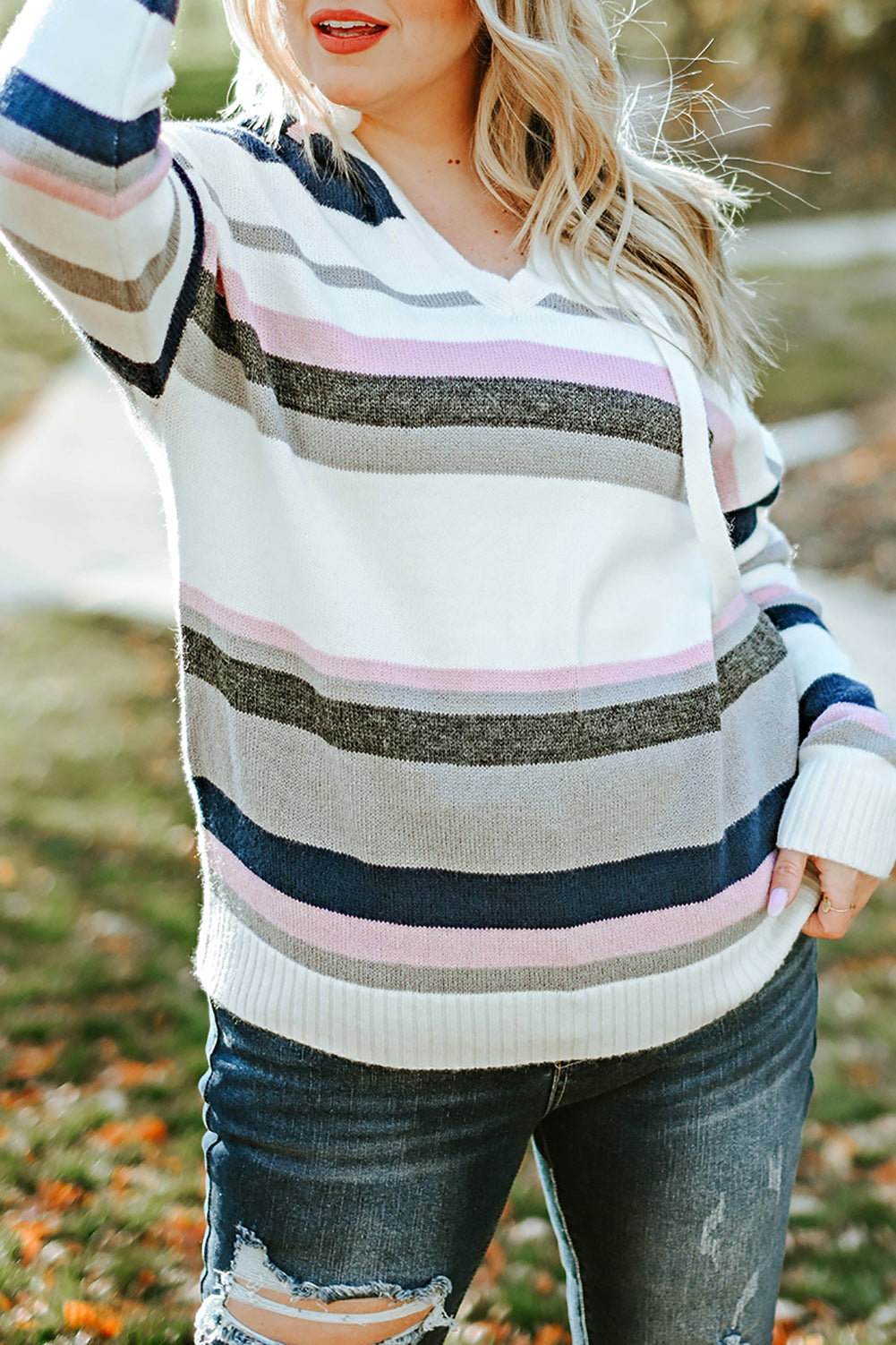 Bria Stripe Plus Size Striped Hooded Knit Sweater - The Bohemian Closet