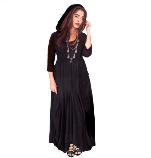 Leah Boho Maxi Dress, Hooded Dress, Stretch Jersey & Rayon, Empire Style, Asym Hem