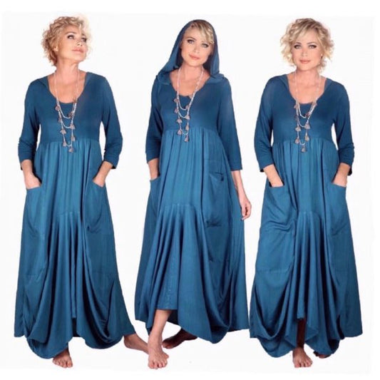 Leah Boho Maxi Dress, Hooded Dress, Stretch Jersey & Rayon, Empire Style, Asym Hem