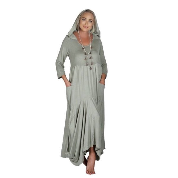 Leah Boho Maxi Dress, Hooded Dress, Stretch Jersey & Rayon, Empire Style, Asym Hem
