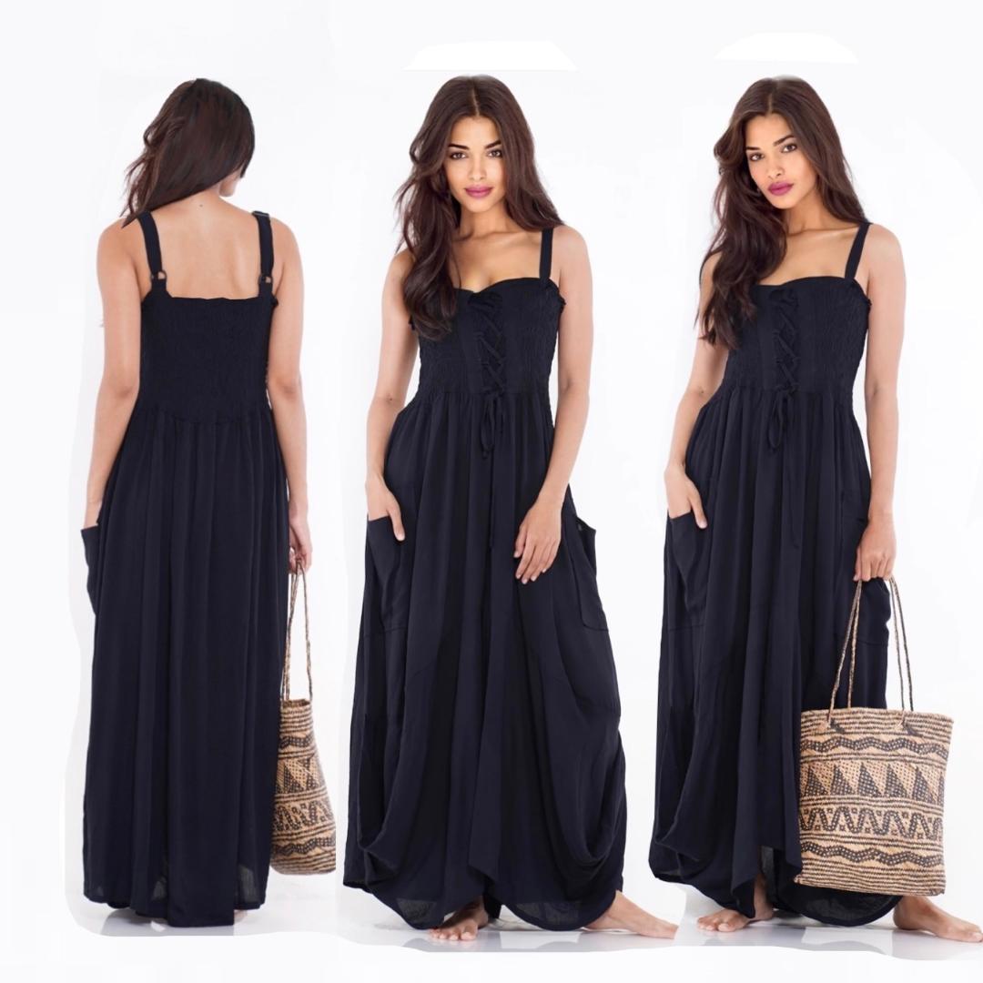 Crystal Smocked Bodice Spaghetti Strap Boho Maxi Dress - The Bohemian Closet
