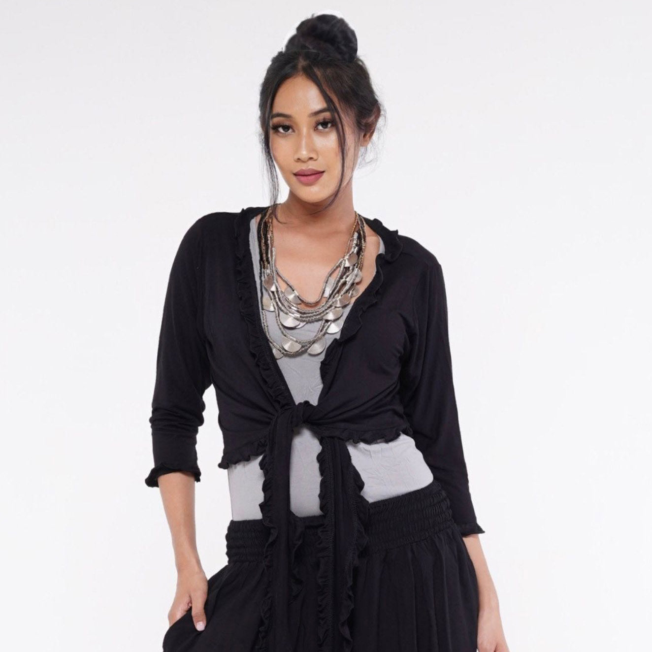 Zainab Tie front Ruffle Jersey Stretch Cardigan - The Bohemian Closet