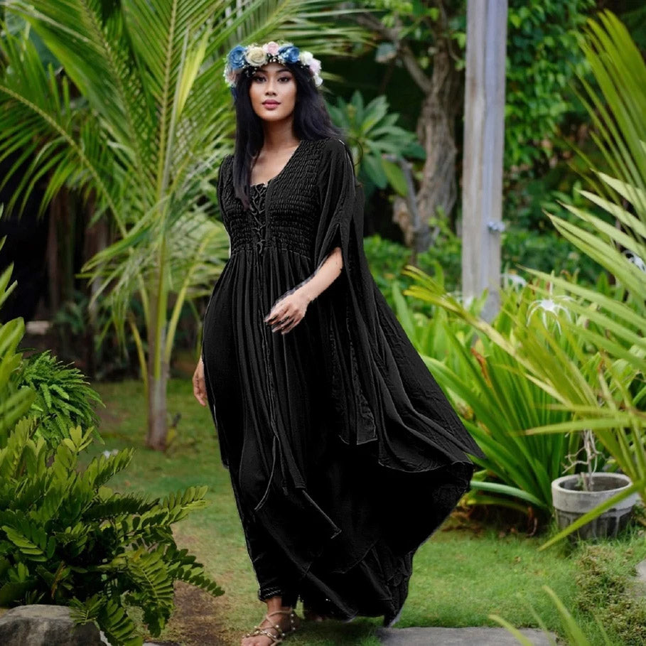 Keyla Renaissance Lace Up Smocked Goddess Maxi Dress - The Bohemian Closet