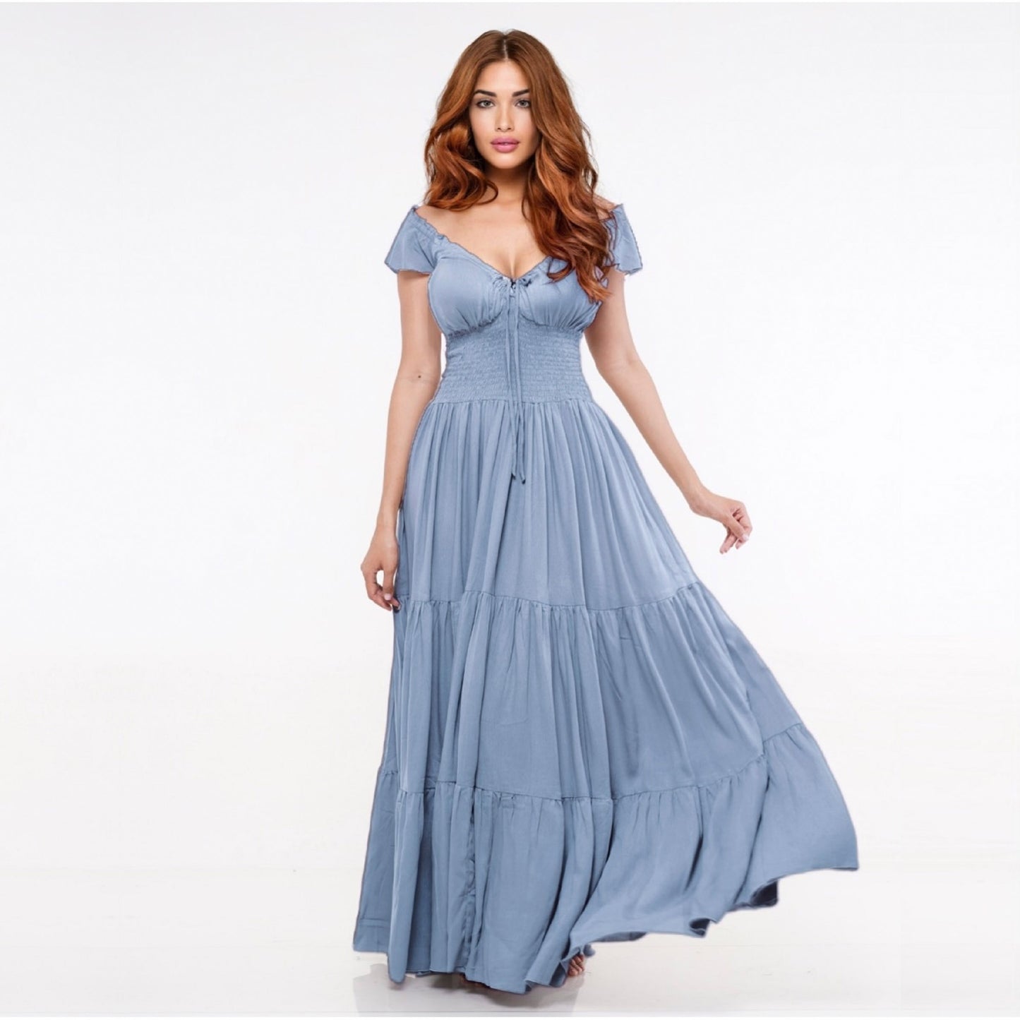 Haylee Smocked Tiers Crinkle Rayon Viking Party Maxi Dress - The Bohemian Closet