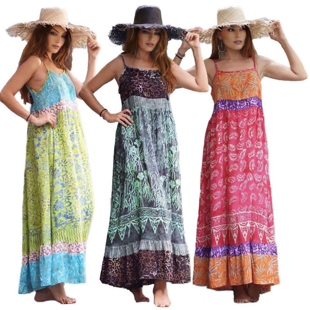 Serenity Baby Doll Gauzy Batik Strap Spaghetti Maxi Dress - The Bohemian Closet