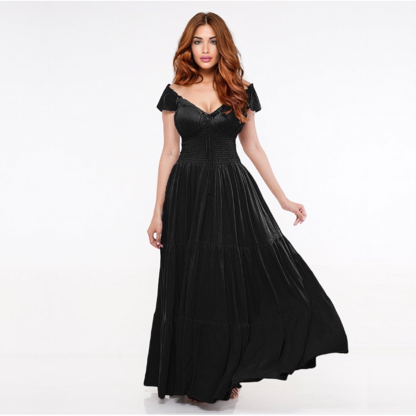 Haylee Smocked Tiers Crinkle Rayon Viking Party Maxi Dress - The Bohemian Closet