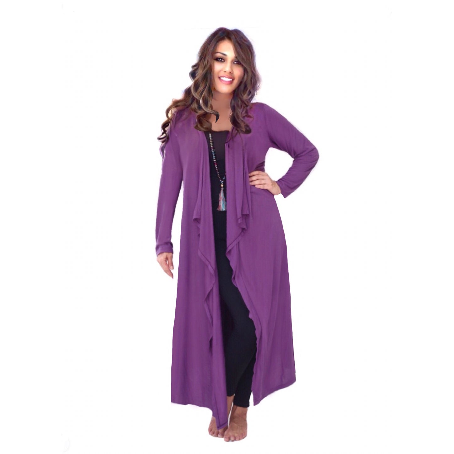 Samira Stretch Jersey Cascade Ruffles Long Jacket - The Bohemian Closet