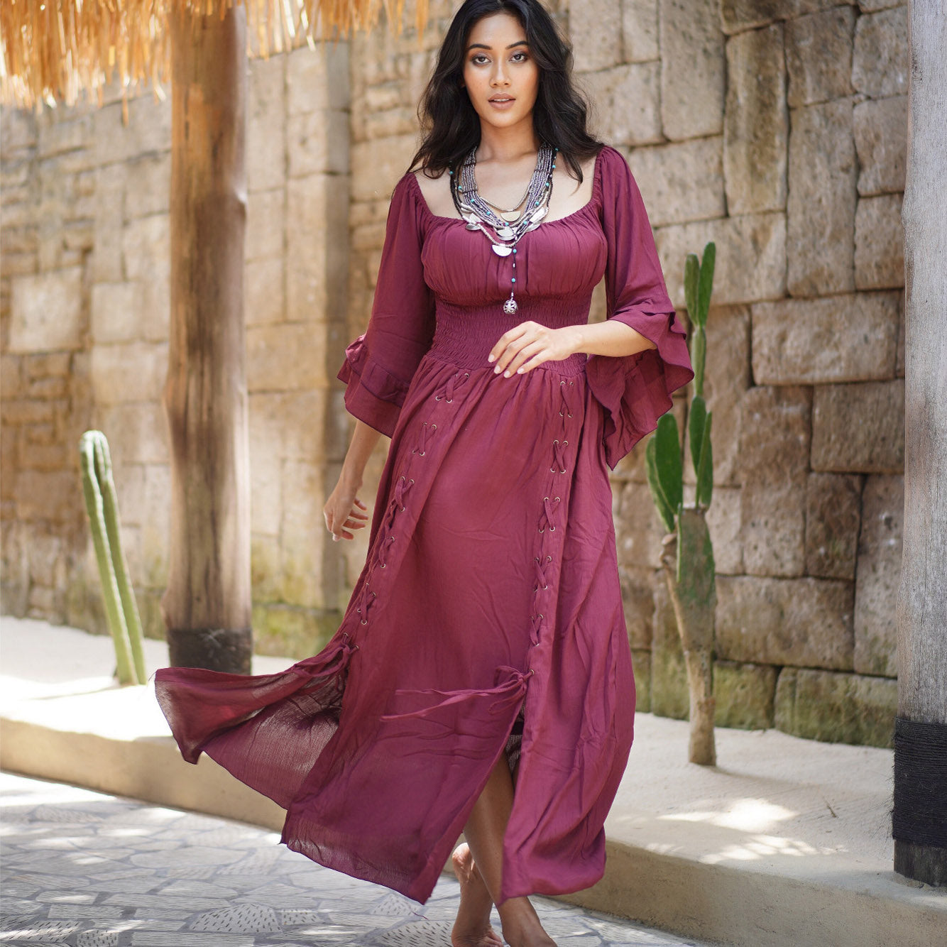 Rylan Smocked Waist Square Neckline Ren Faire Maxi Dress - The Bohemian Closet