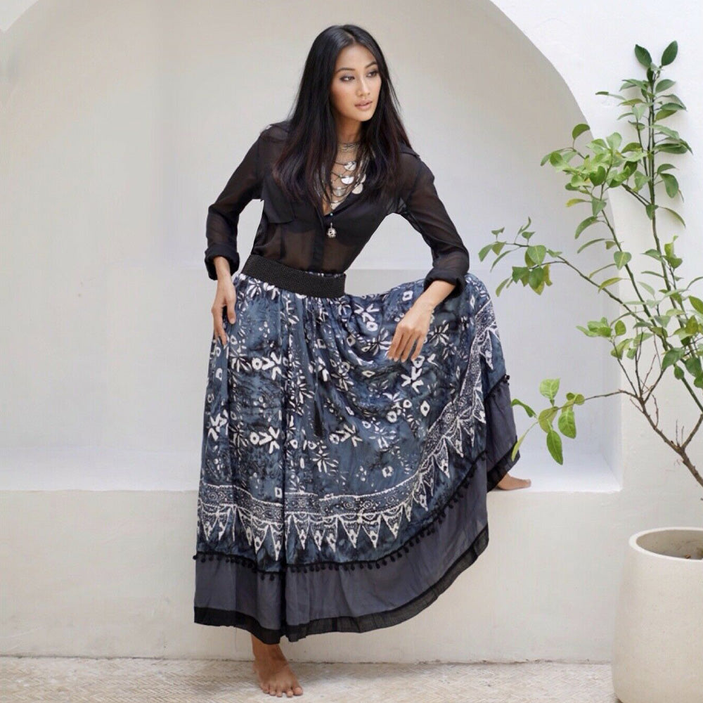 Hayden Pom pom Drawstring Gauzy Batik Maxi Skirt - The Bohemian Closet