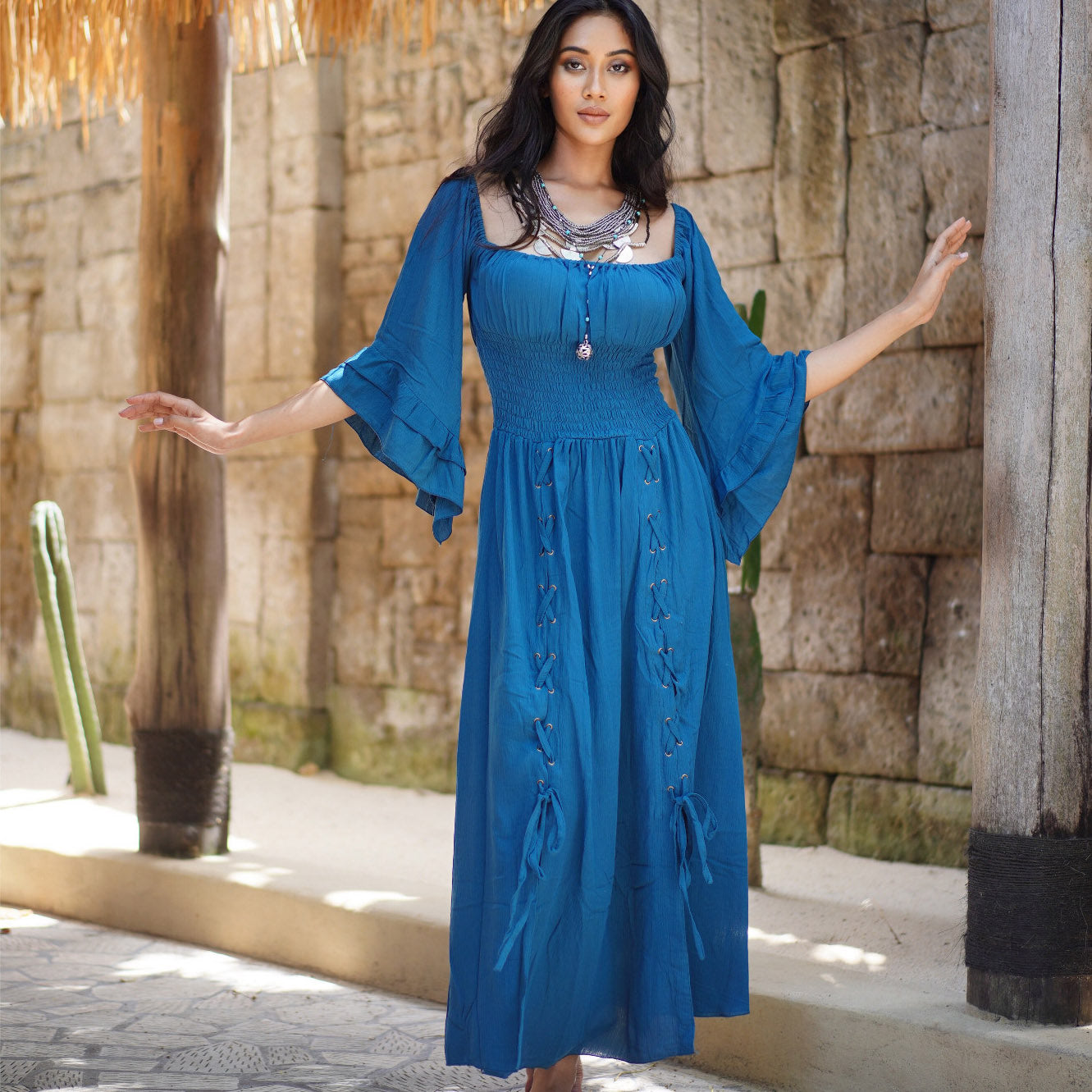 Rylan Smocked Waist Square Neckline Ren Faire Maxi Dress - The Bohemian Closet