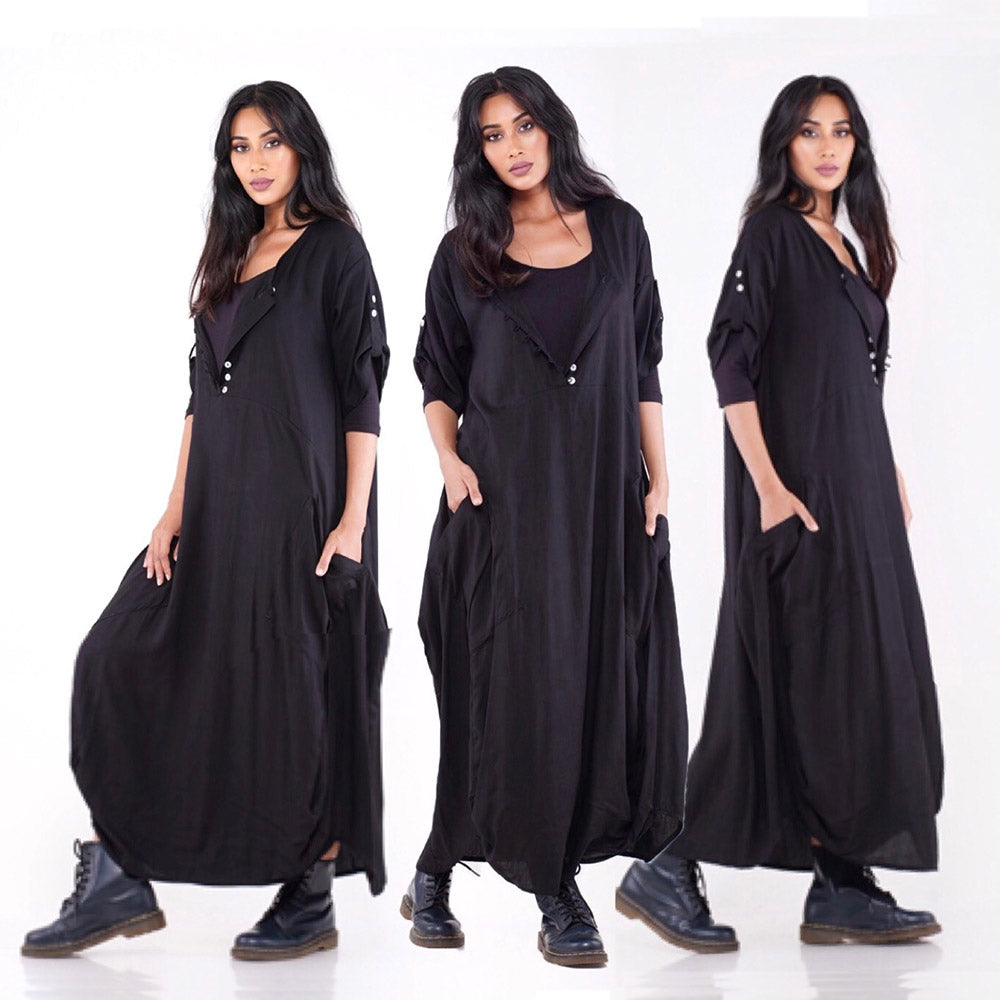 Mia Vintage Maxi Jumper Dress Asymmetrical Hem Button Down - The Bohemian Closet