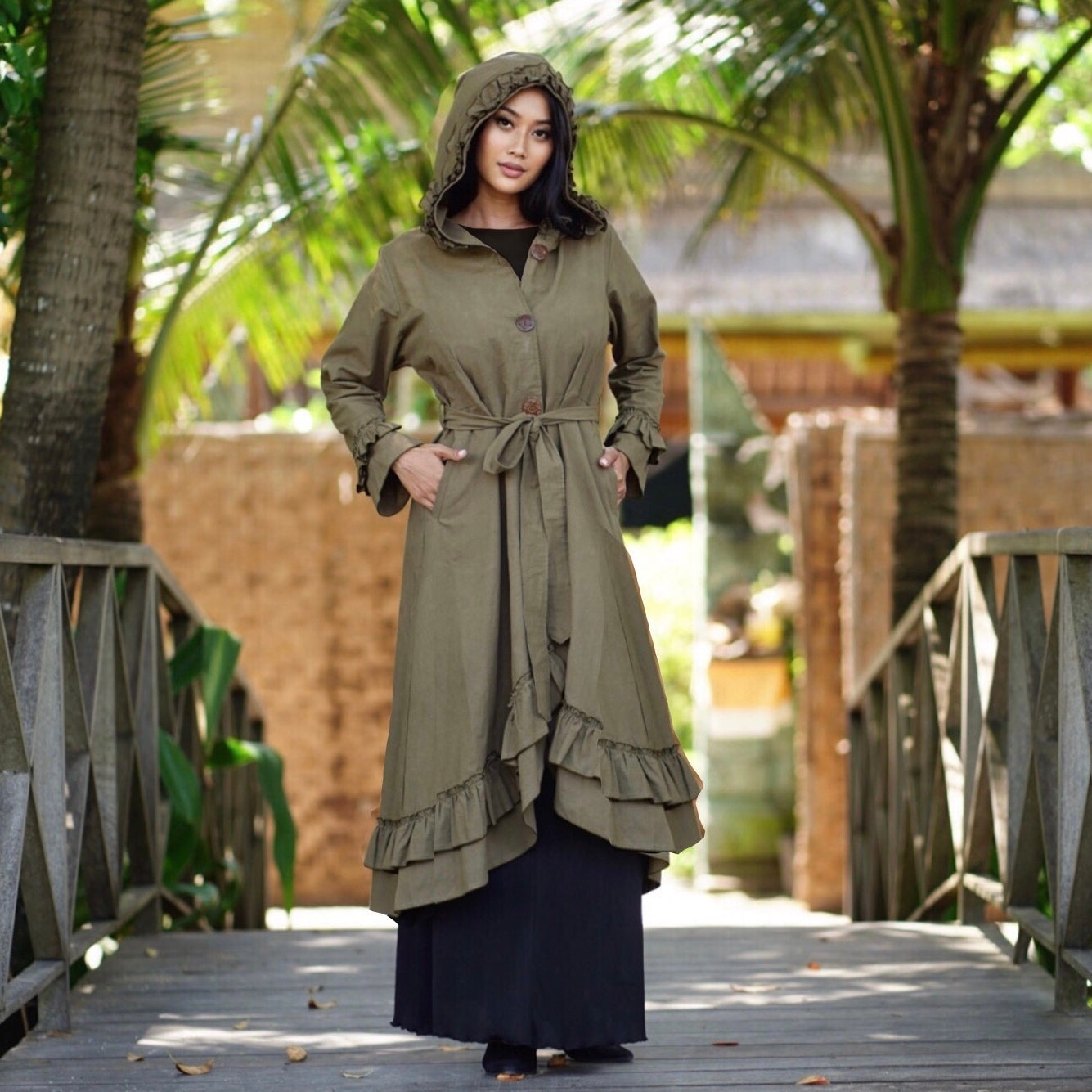 Petra Cottagecore Look Jacket Duster Hooded Ruffle Sleeve Pockets - The Bohemian Closet