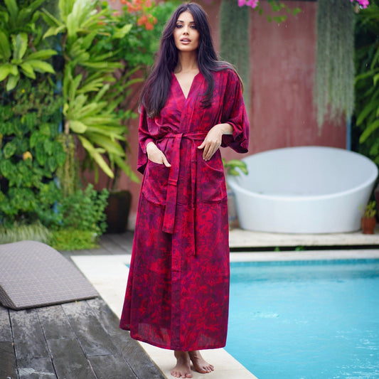 Bohemian Kimono Robe Jacket Belted Maxi Gown Resort Bali Batik - The Bohemian Closet