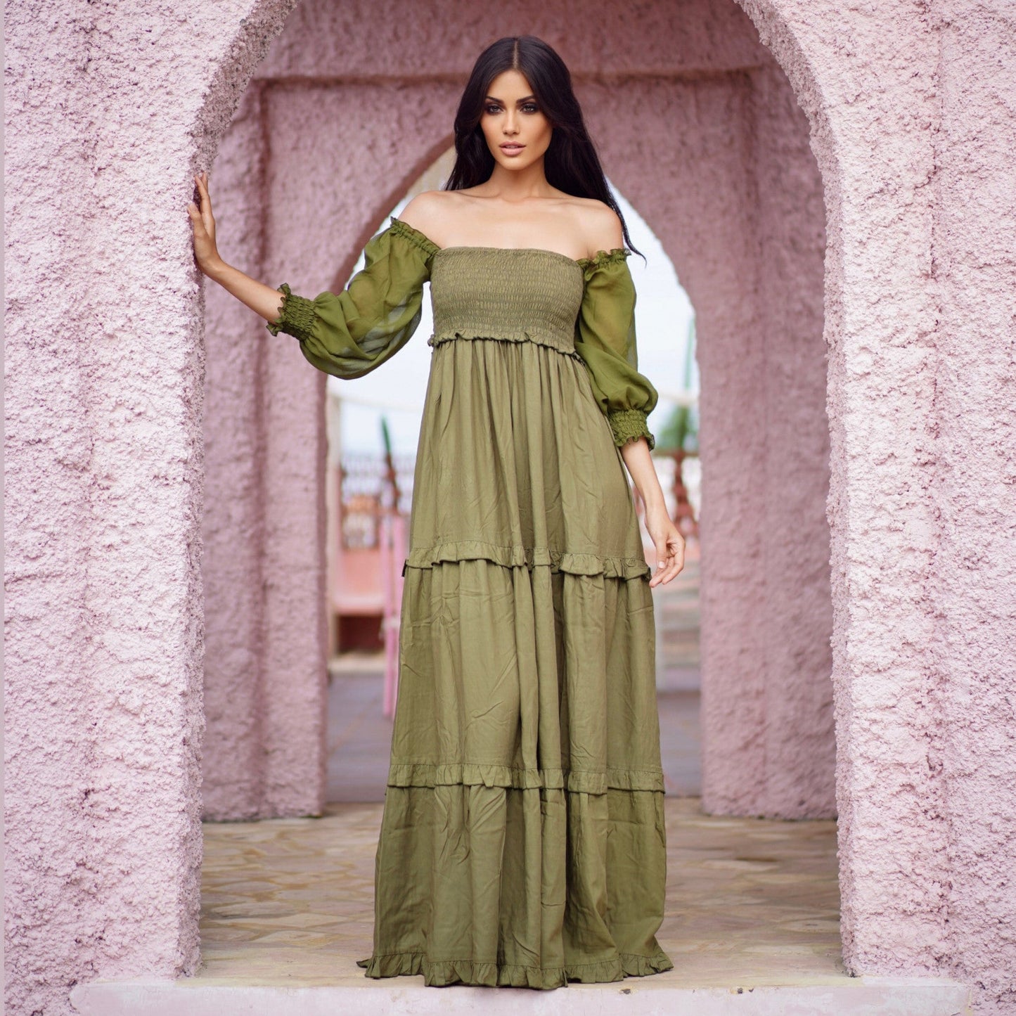 Selena Boho Maxi Dress Elasticized Empire Waist Tiered - The Bohemian Closet