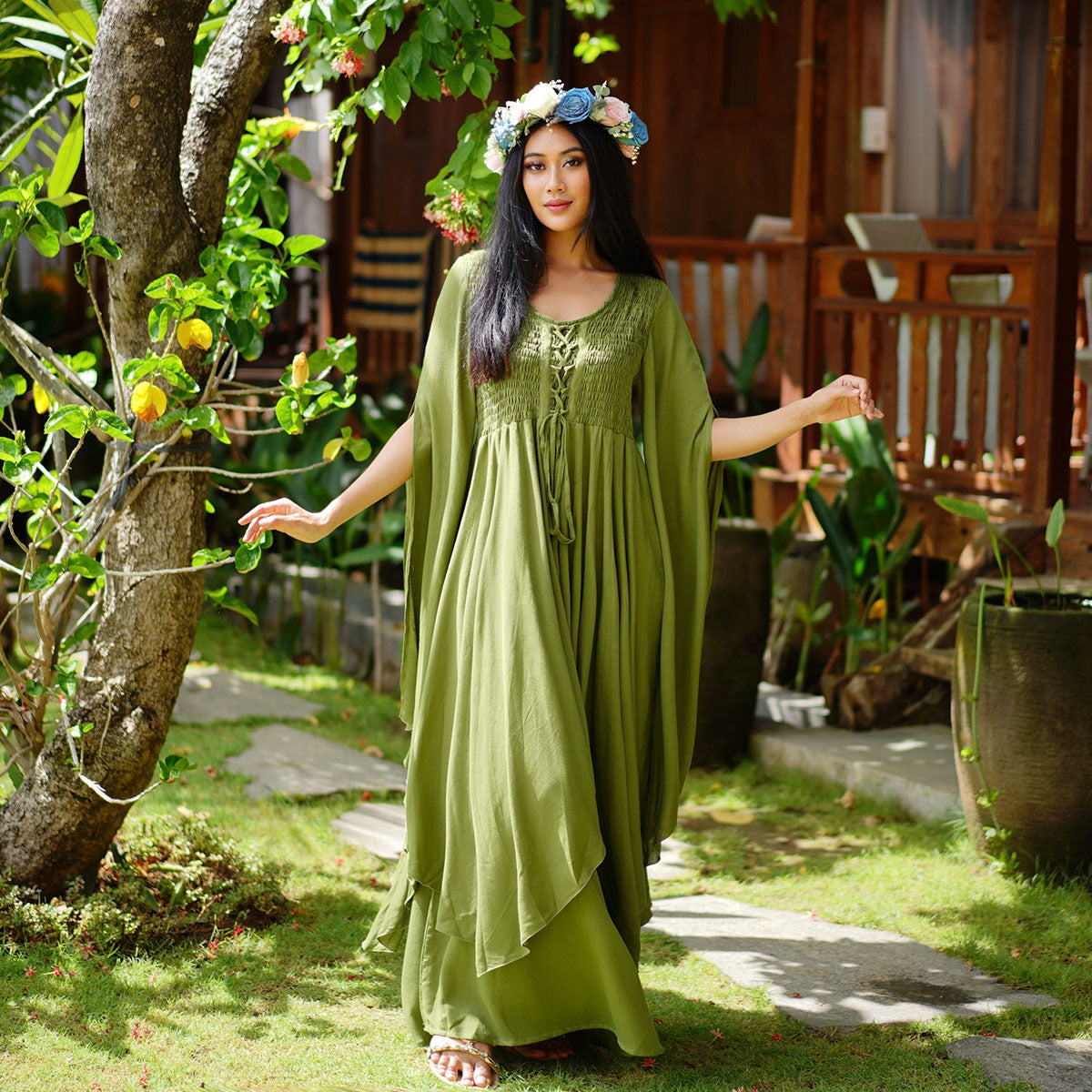 Keyla Renaissance Lace Up Smocked Goddess Maxi Dress - The Bohemian Closet