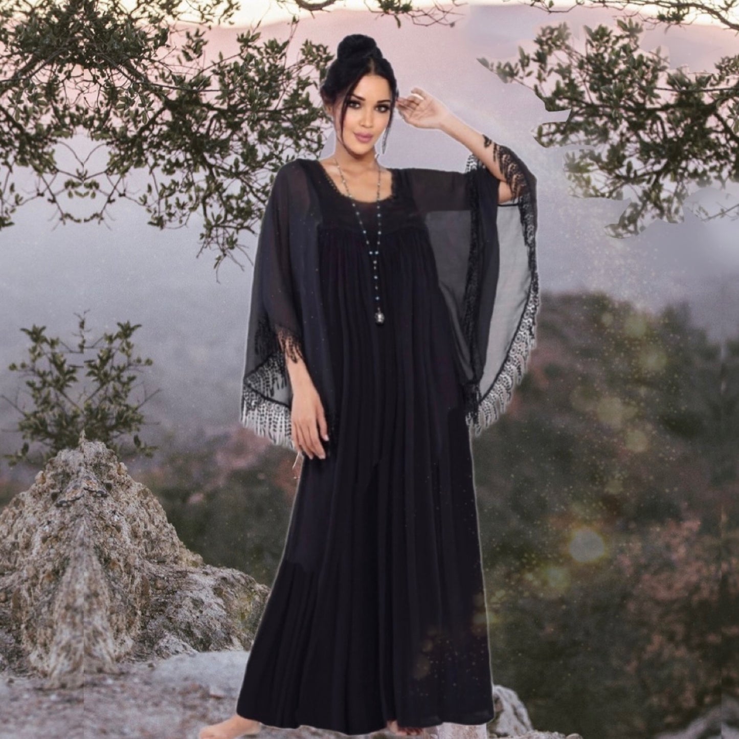 Mazikeen Fringe Butterfly Caftan Black Maxi Dress - The Bohemian Closet