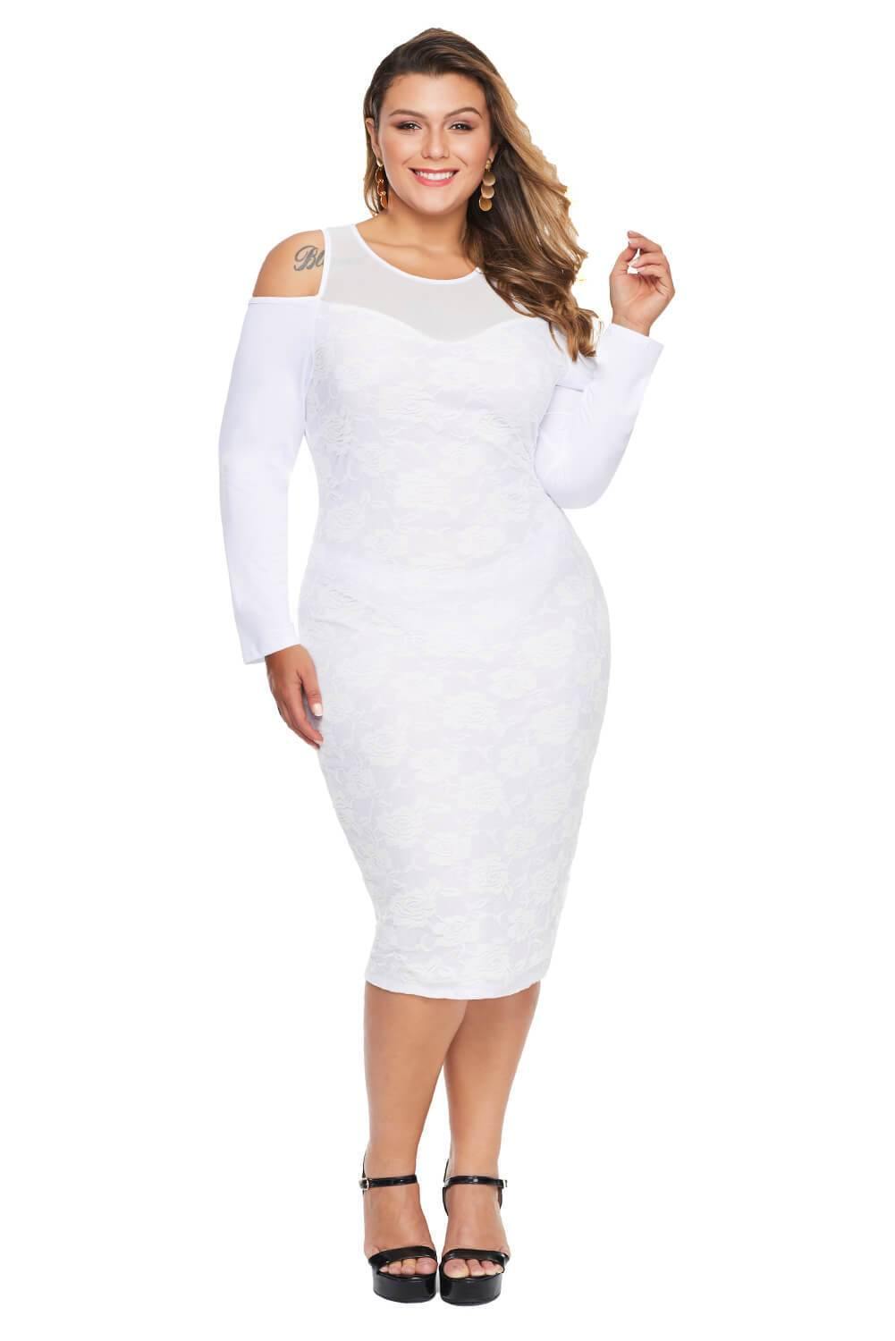 Andrea White Cold Shoulder Mesh Yoke Dress - The Bohemian Closet