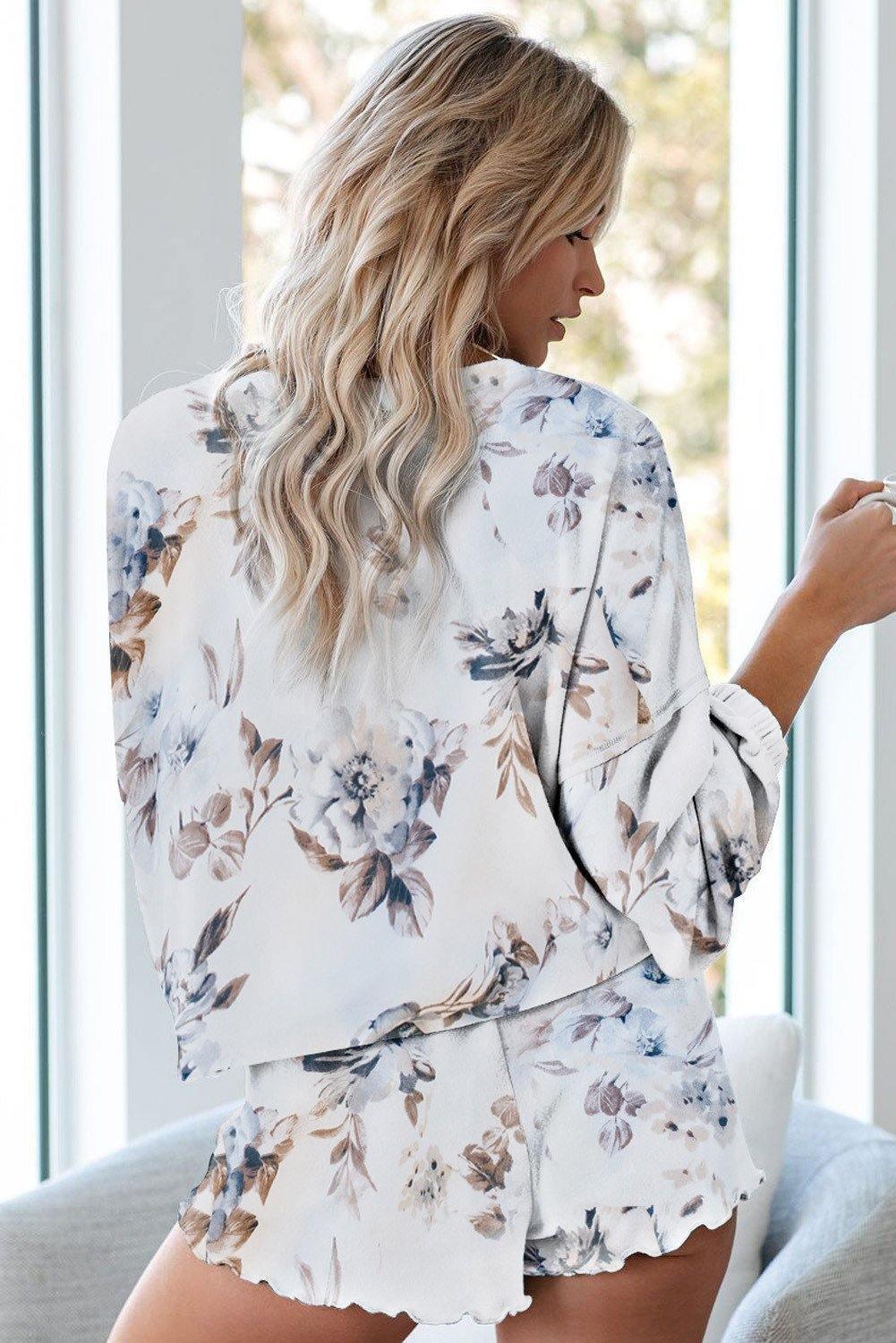 Lucia Floral Print White Knit Lounge Set - The Bohemian Closet