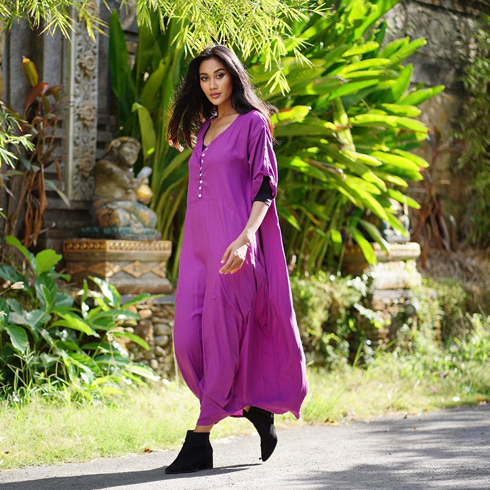 Mia Vintage Maxi Jumper Dress Asymmetrical Hem Button Down - The Bohemian Closet