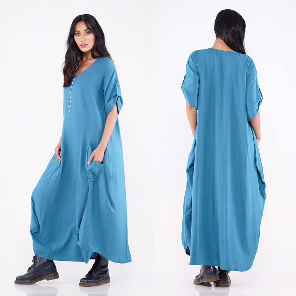 Mia Vintage Maxi Jumper Dress Asymmetrical Hem Button Down - The Bohemian Closet