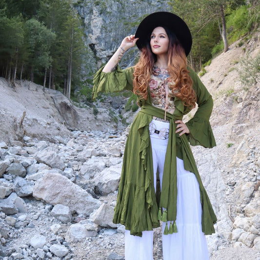 Scarlet Bohemian Ruffle Wrap Kimono Jacket Dress - The Bohemian Closet