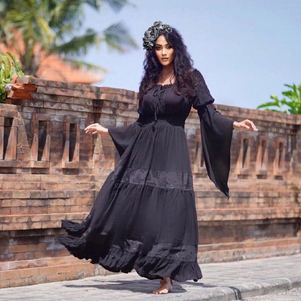 Lola Wiccan Dress Maxi Cottagegoth Smocked Waist Ruffle - The Bohemian Closet