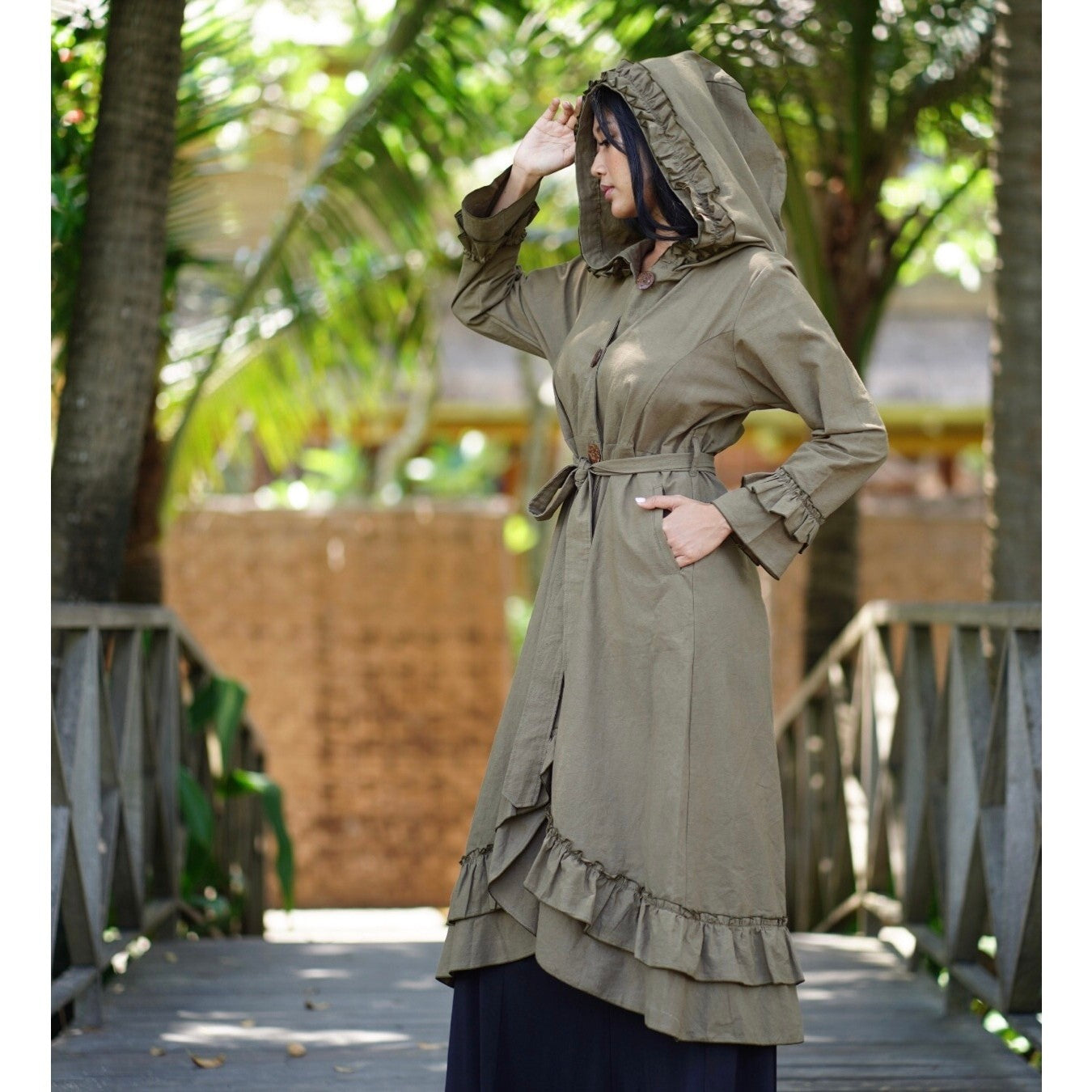 Petra Cottagecore Look Jacket Duster Hooded Ruffle Sleeve Pockets - The Bohemian Closet