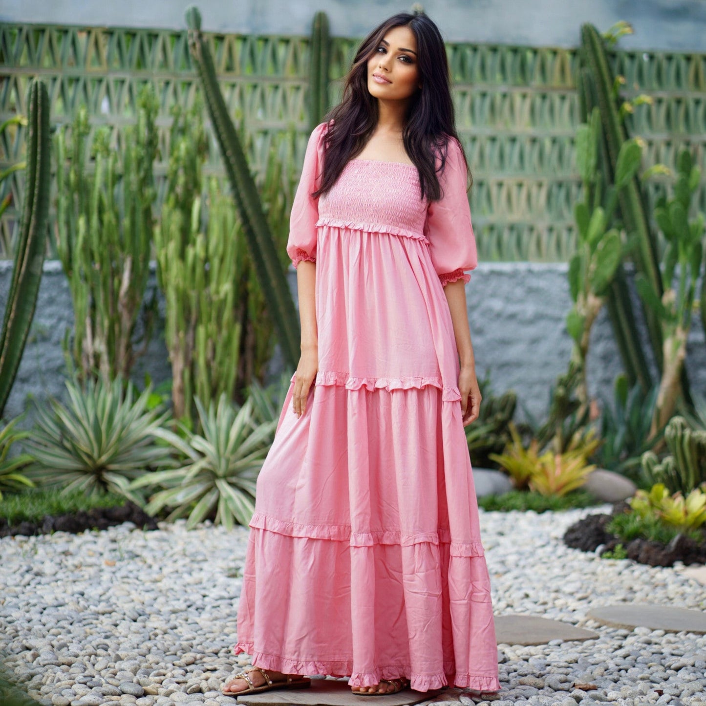 Selena Boho Maxi Dress Elasticized Empire Waist Tiered - The Bohemian Closet