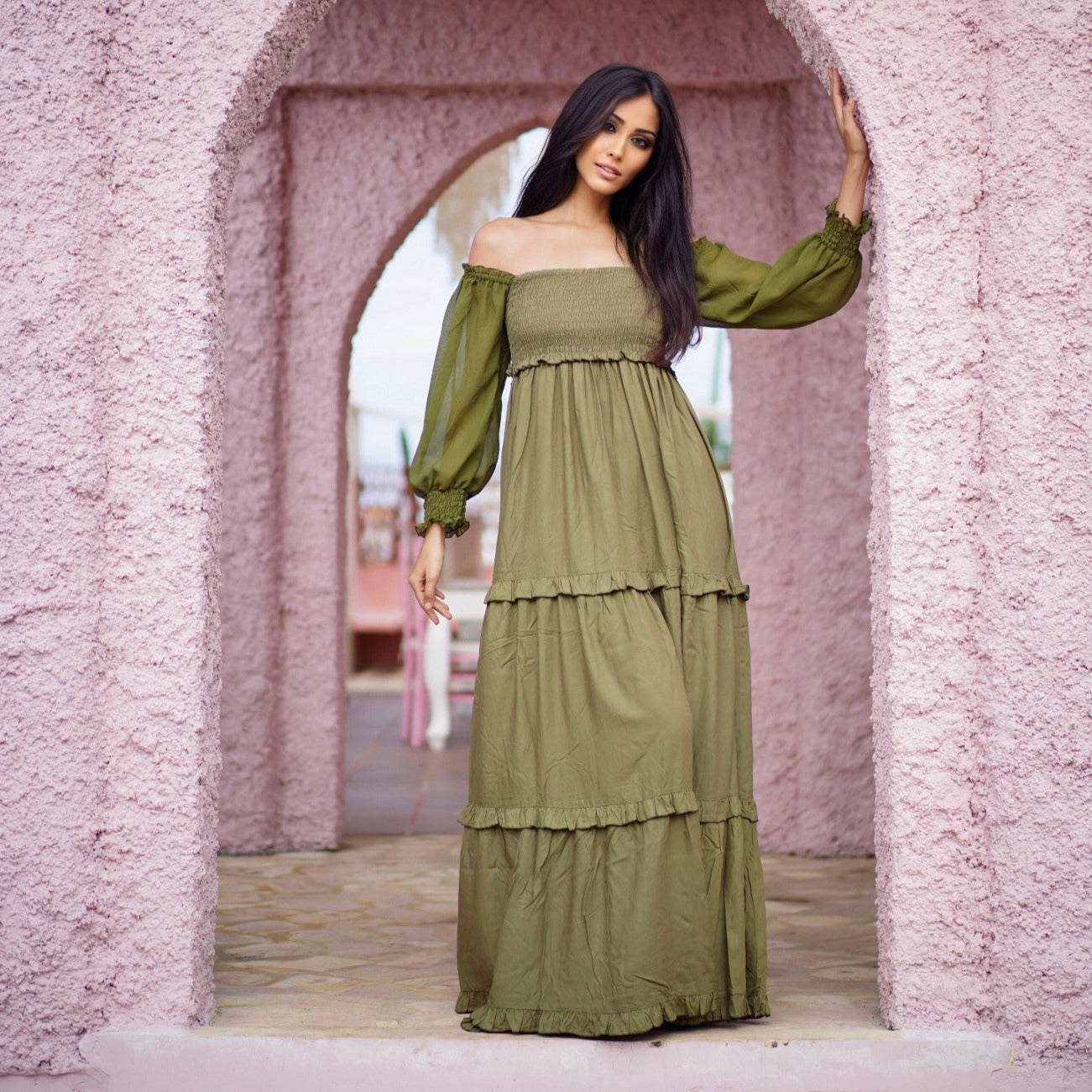 Selena Boho Maxi Dress Elasticized Empire Waist Tiered - The Bohemian Closet