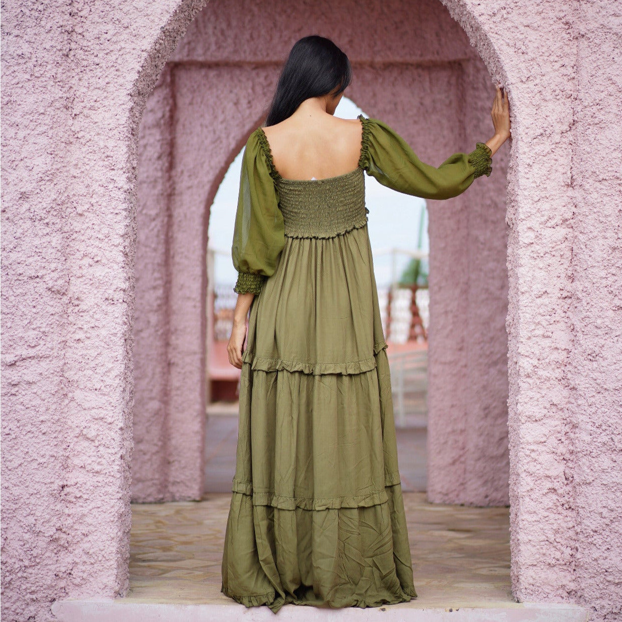 Selena Boho Maxi Dress Elasticized Empire Waist Tiered - The Bohemian Closet